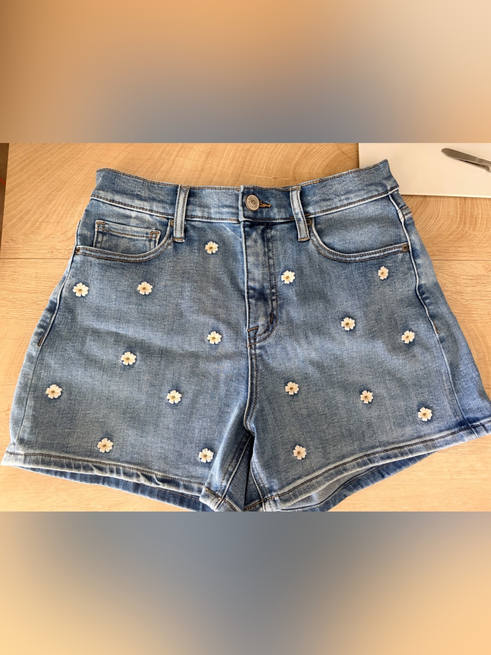 Market & Spruce Blue Denim Daisy Embroidered Shorts
